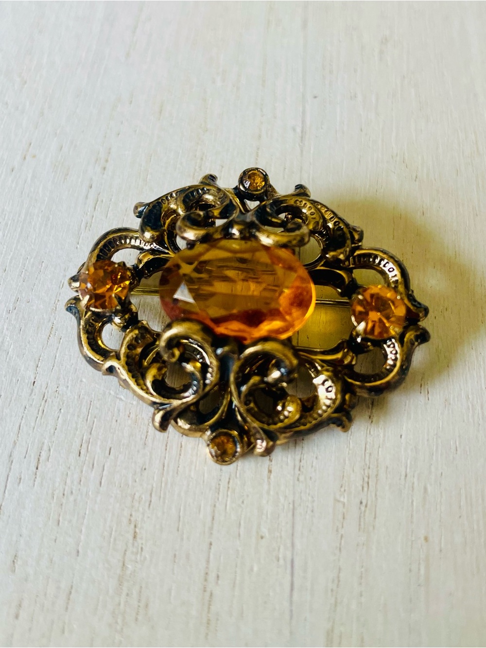 Vintage Gold Filigree Brooch with Amber Stones
